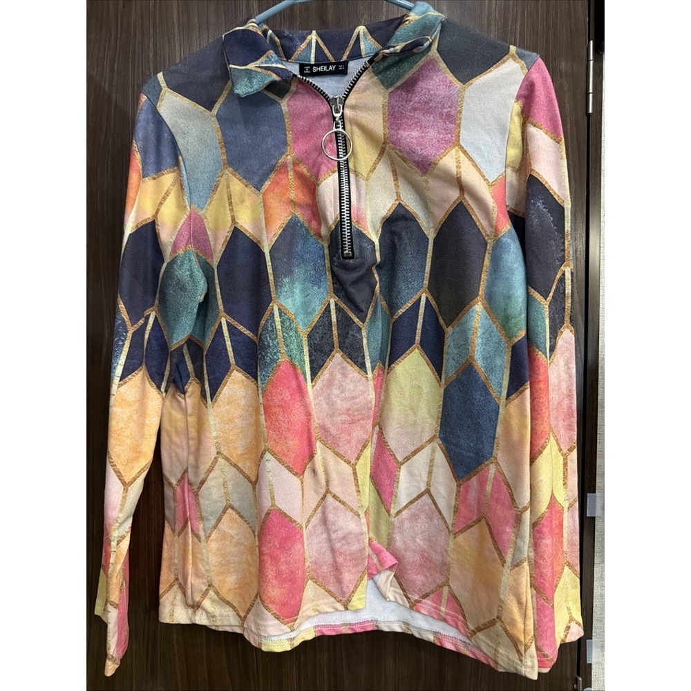 Sheilay Stained Glass Business Casual Zipper Top Elegant Office Work Clothing M